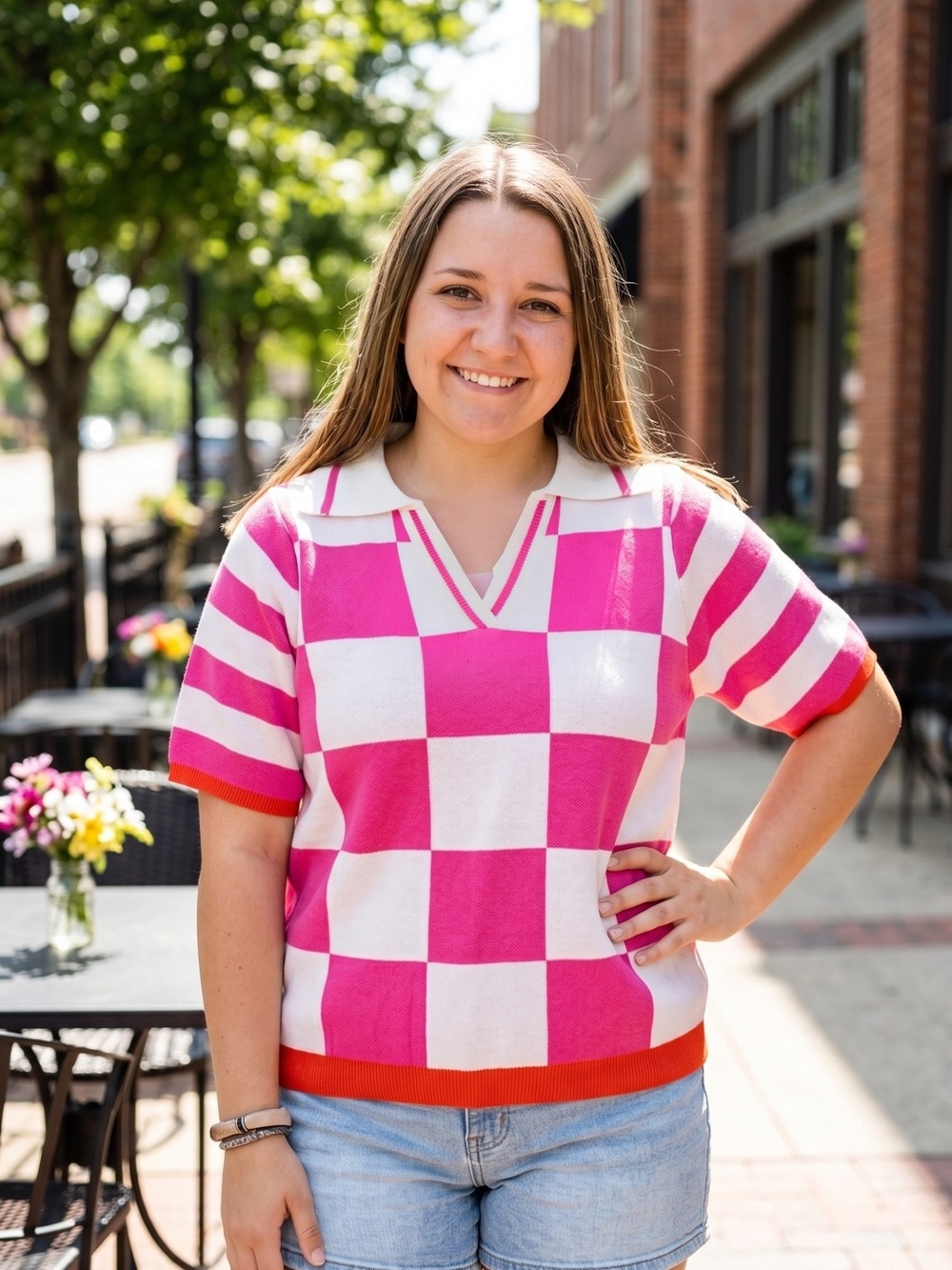 Jodifl Pink and White Checkered Knit Polo Sweater